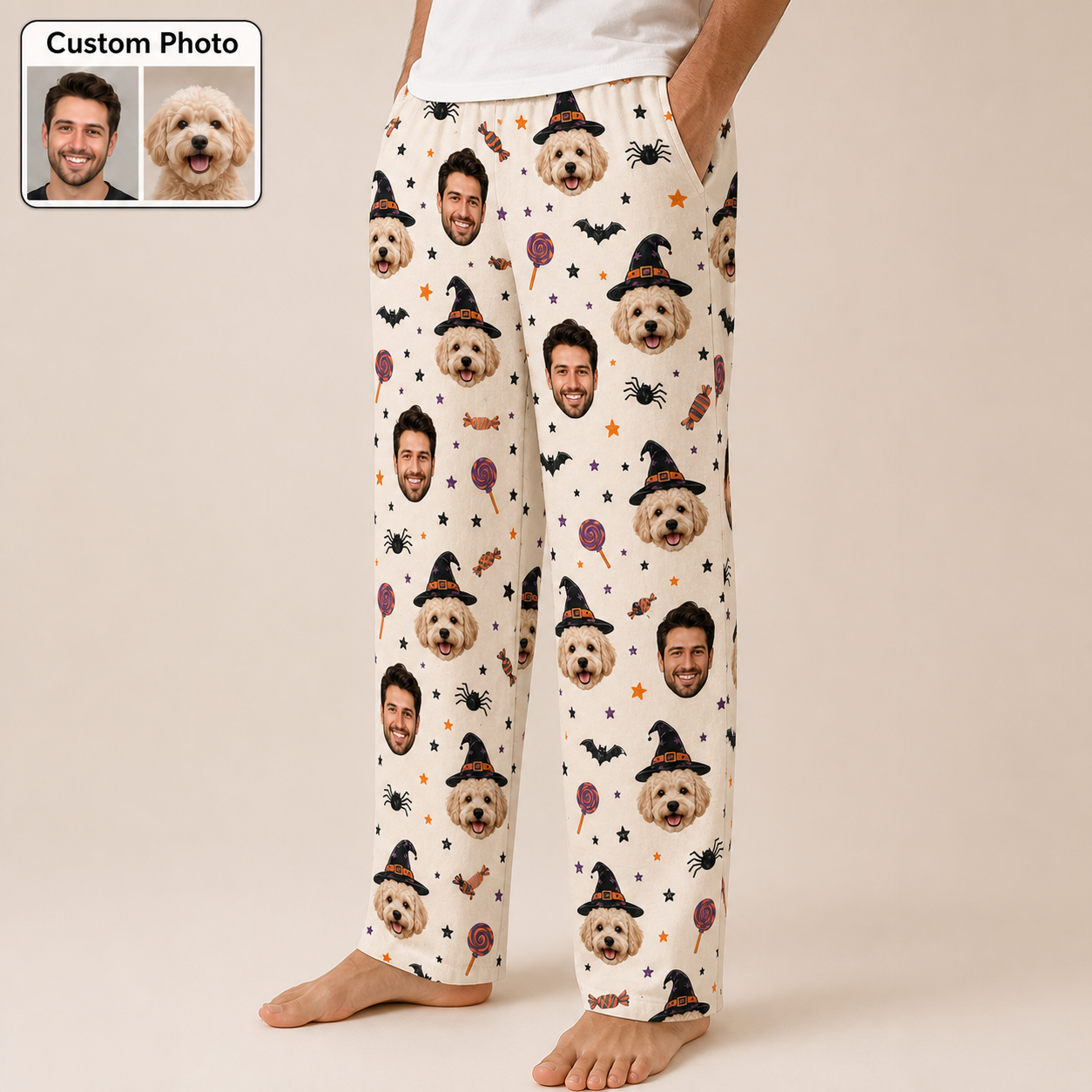 Custom Photo Face With Pet Halloween Personalized Unisex Pajama Pants THUC99