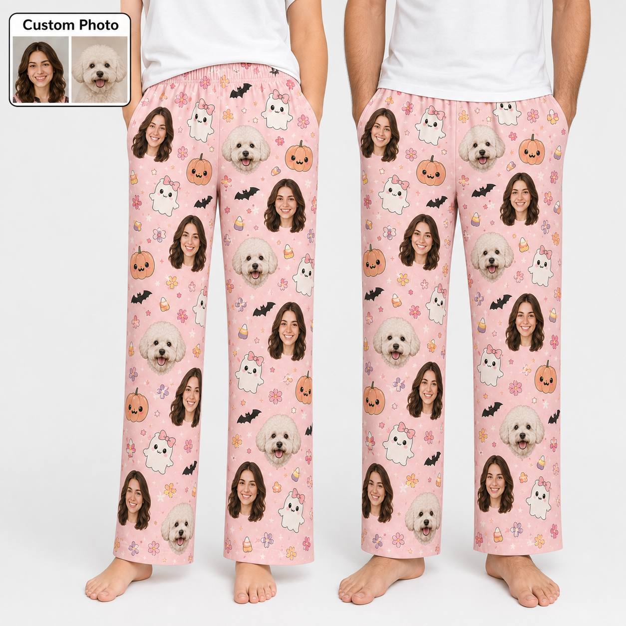 Custom Photo Face With Dog Halloween Unisex Straight Leg Pajama Pants For Pet Lover THUC99