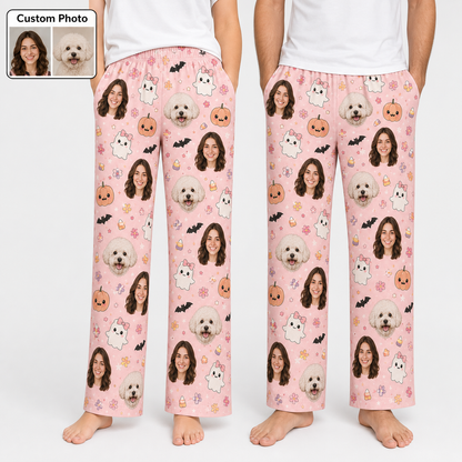 Custom Photo Face With Dog Halloween Unisex Straight Leg Pajama Pants For Pet Lover THUC99