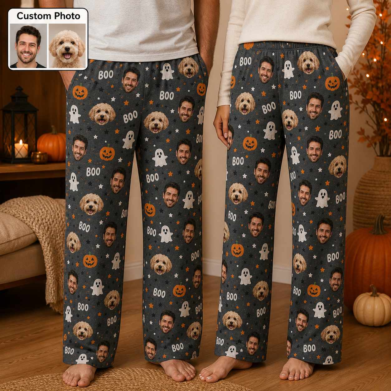 Custom Photo Face And Dog Halloween Personalized Straight Pajama Bottoms THUC99