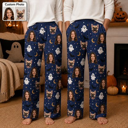 Custom Photo Dog And Human Face Halloween Straight Leg Pajama Pants For Pet Lover THUC99