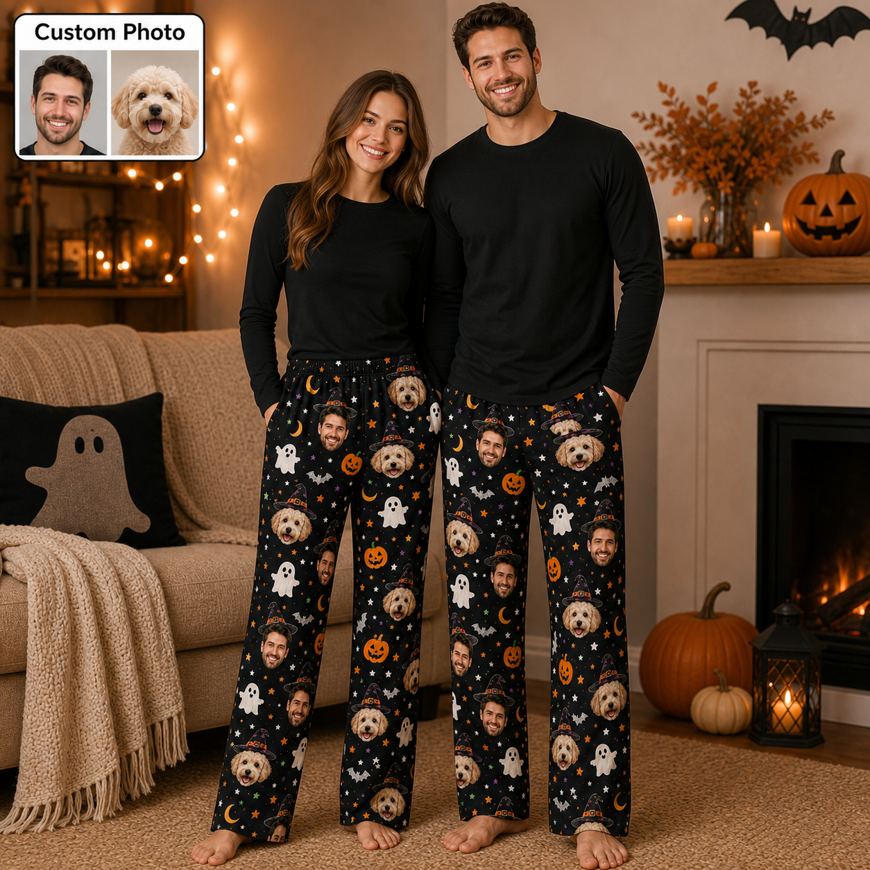 Custom Photo Face And Dog Halloween Unisex Straight Pajama Pants THUC99