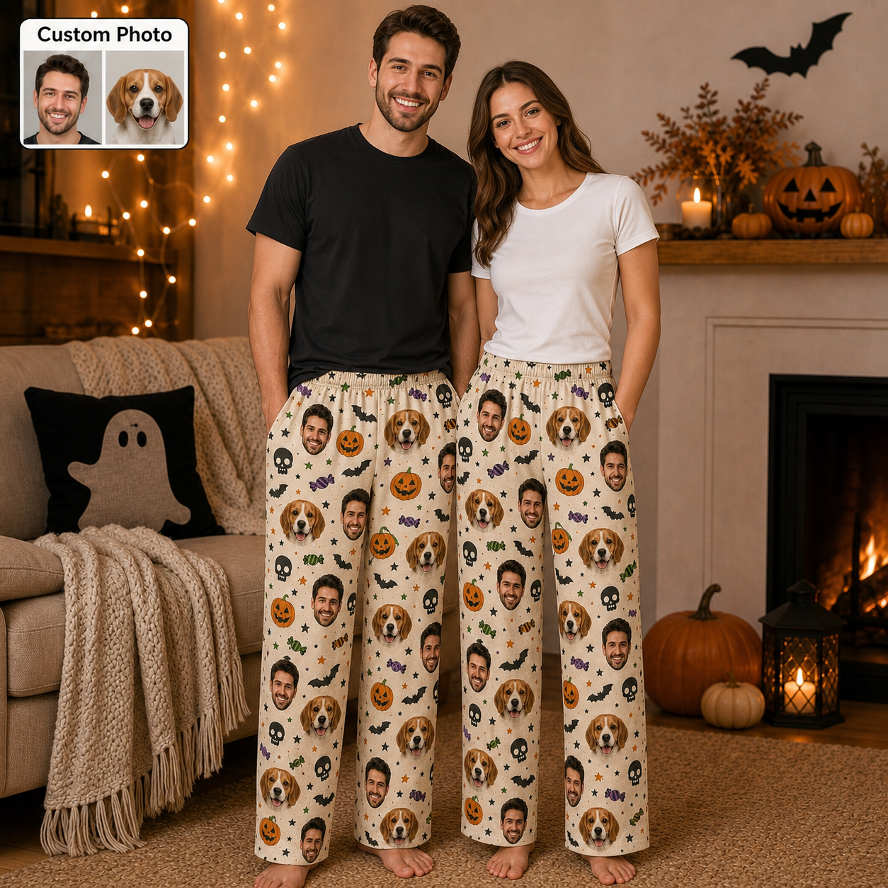 Custom Photo Dog And Owner Face Halloween Personalized Pajama Pants For Dog Lover THUC99