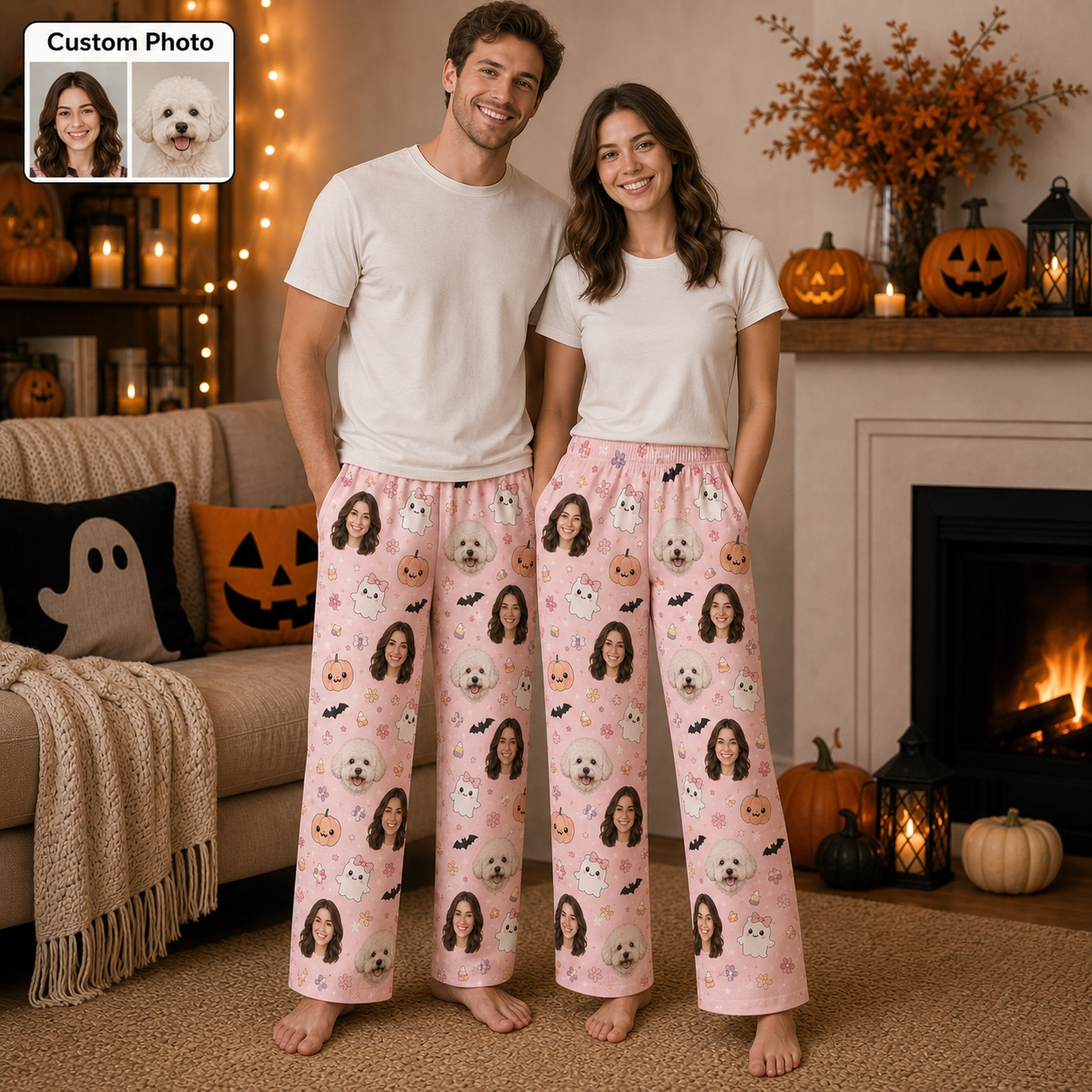 Custom Photo Face With Dog Halloween Unisex Straight Leg Pajama Pants For Pet Lover THUC99