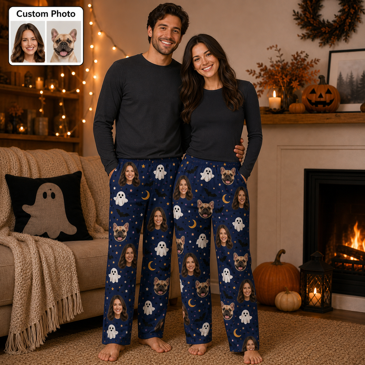 Custom Photo Dog And Human Face Halloween Straight Leg Pajama Pants For Pet Lover THUC99