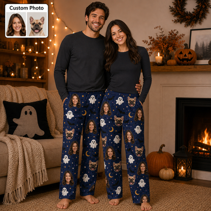 Custom Photo Dog And Human Face Halloween Straight Leg Pajama Pants For Pet Lover THUC99