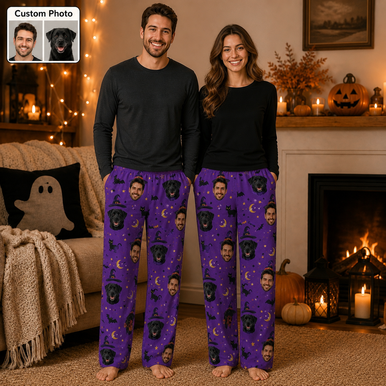 Custom Photo Face And Dog Halloween Funny Unisex Sleep Pants For Pet Owner Dog Lover THUC99