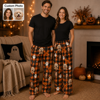 Custom Photo Face And Pet Dog Halloween Personalized Pajama Pants Gift For Dog Lover THUC99