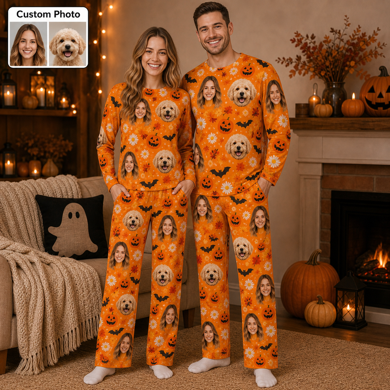 Custom Photo Face And Dog Halloween Funny Unisex Sleep Pants For Pet Owner Dog Lover THUC99