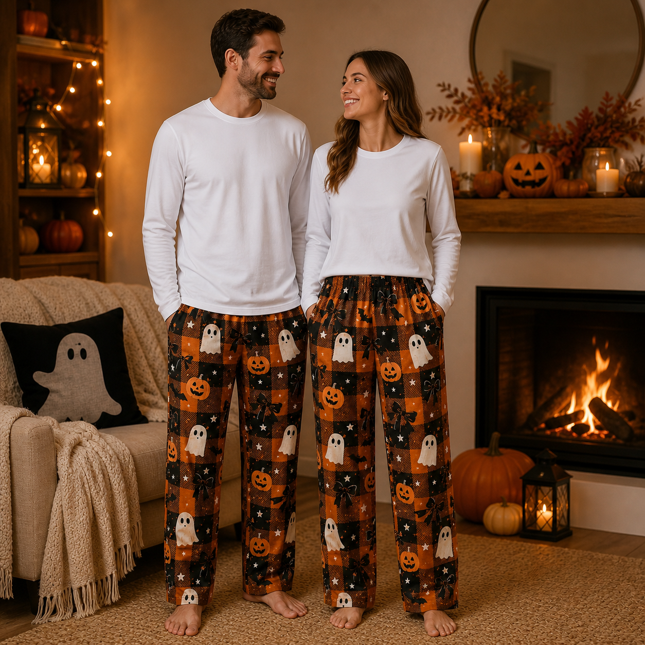 Halloween Unisex Straight Pajama Pants, Scary Cute All Over Print Sleep Pants, Halloween Gift For Him Her And Friends THUC99
