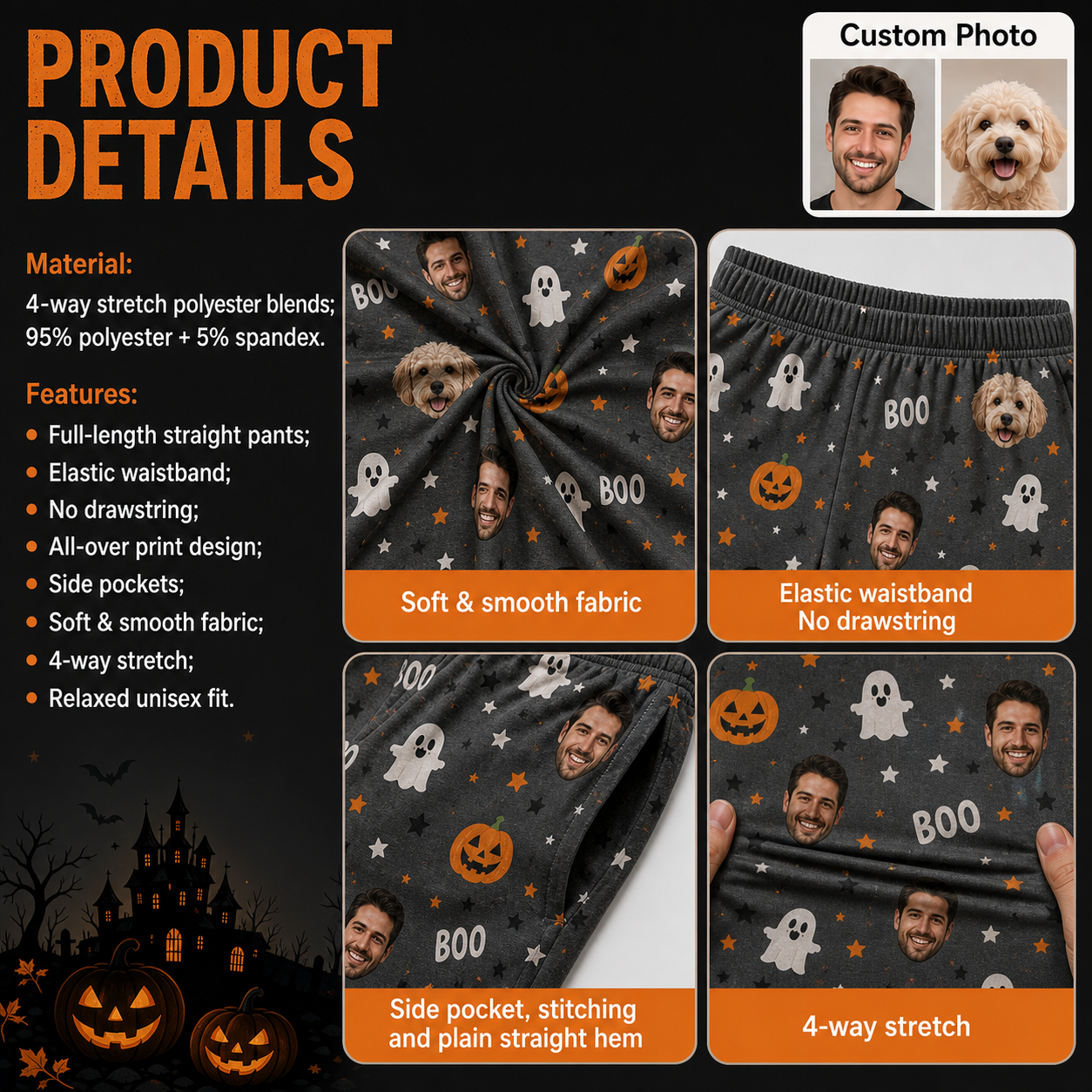 Custom Photo Face And Dog Halloween Personalized Straight Pajama Bottoms THUC99