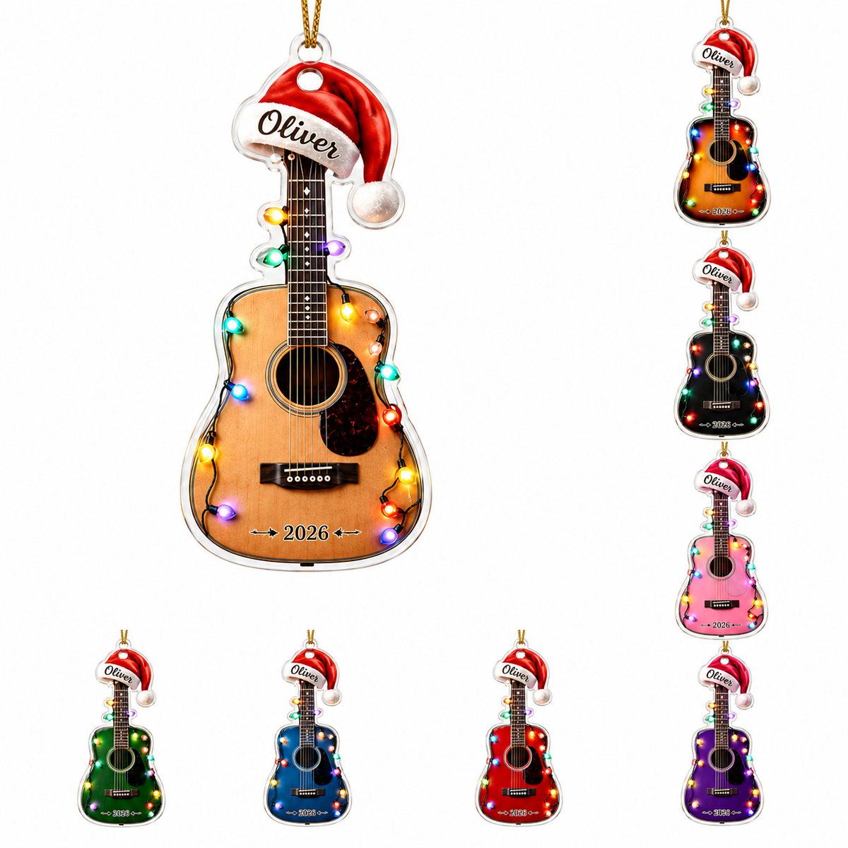 Guitar Custom Name Acrylic - Acoustic Guitar Santa Hat and Lights