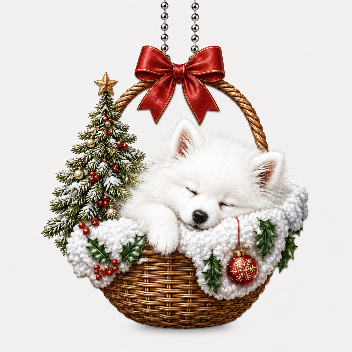 Dog Chrismast With Wicker Basket Japanese spiz