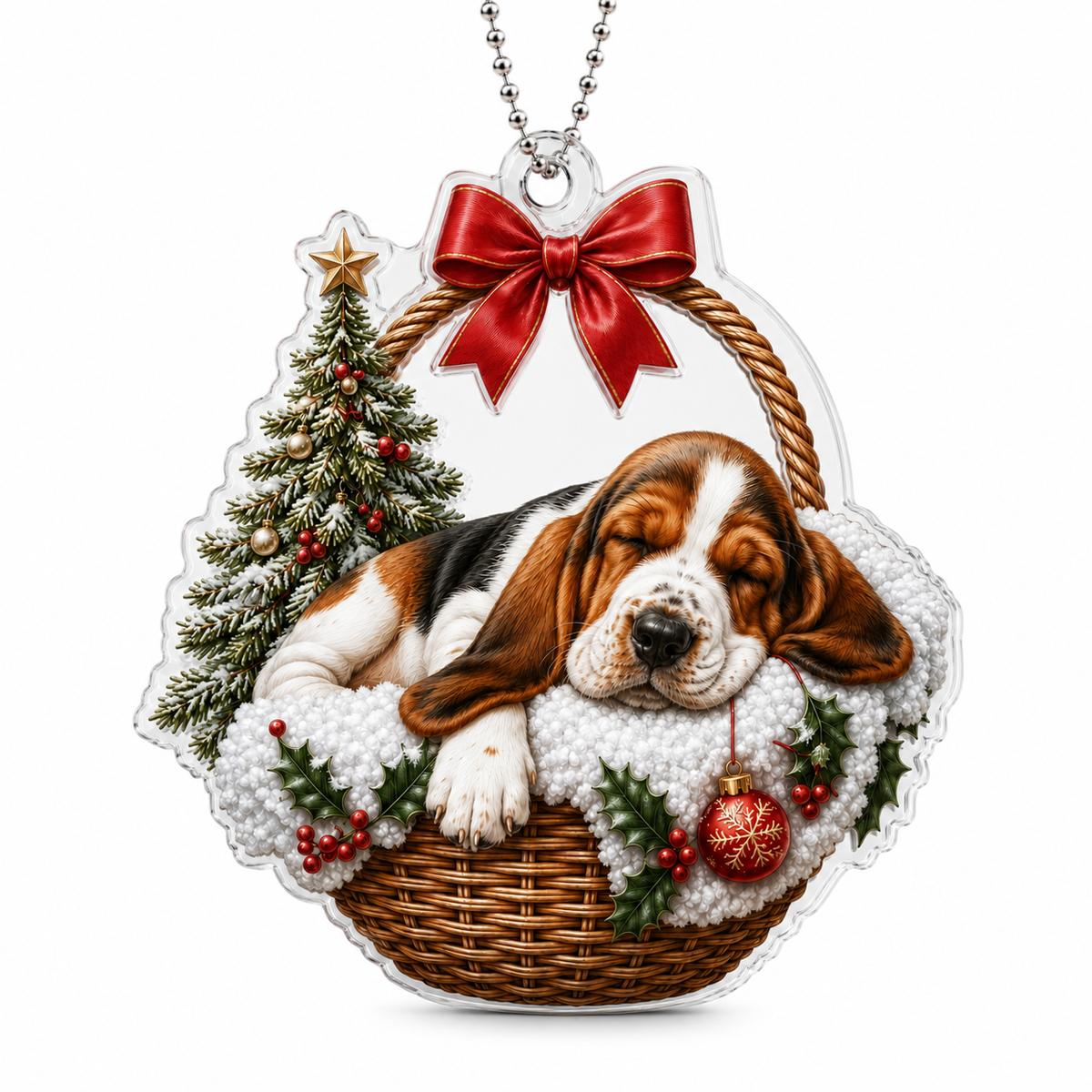 Dog Chrismast With Wicker Basket Basset Hound
