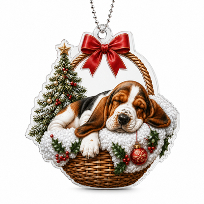 Dog Chrismast With Wicker Basket Basset Hound