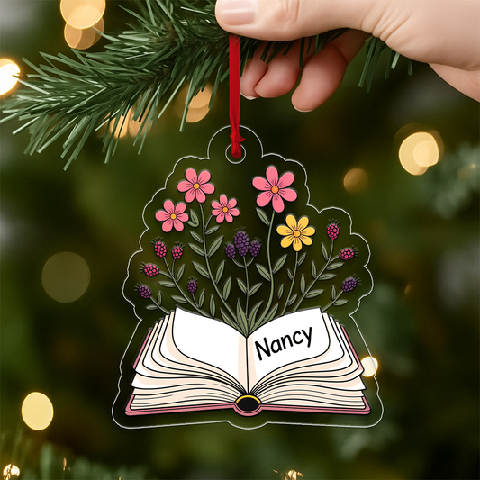 Personalized Flowers Growing From Book Ornament, Custom Book Lover Christmas Ornament, Teacher Gift, Literary Ornament, Holiday Keepsake