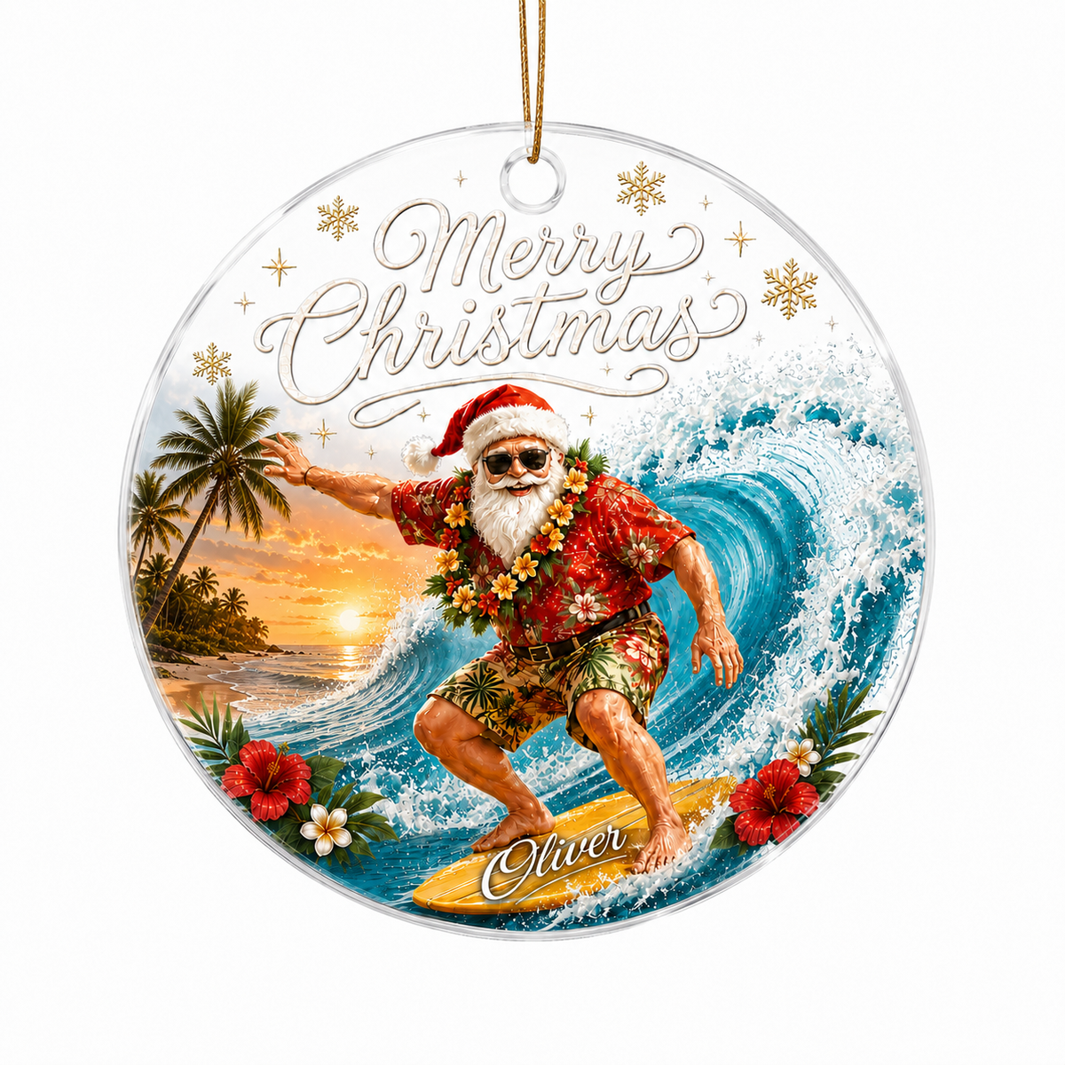 Surfing Personalize Acrylic Tropical Santa Surfing
