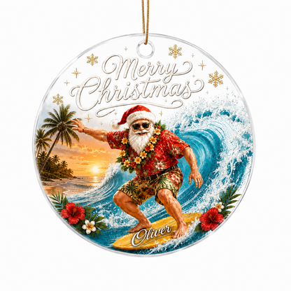 Surfing Personalize Acrylic Tropical Santa Surfing