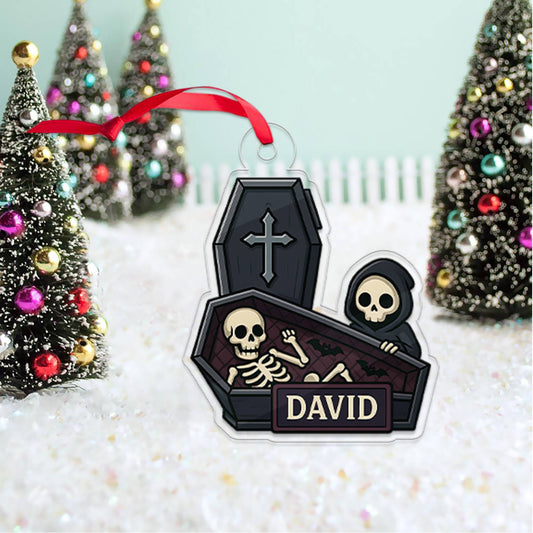 Personalized Coffin With Grim Reaper Ornament, Funny Casket Ornament, Funny Gift, Holiday Xmas Decor, Halloween Gift