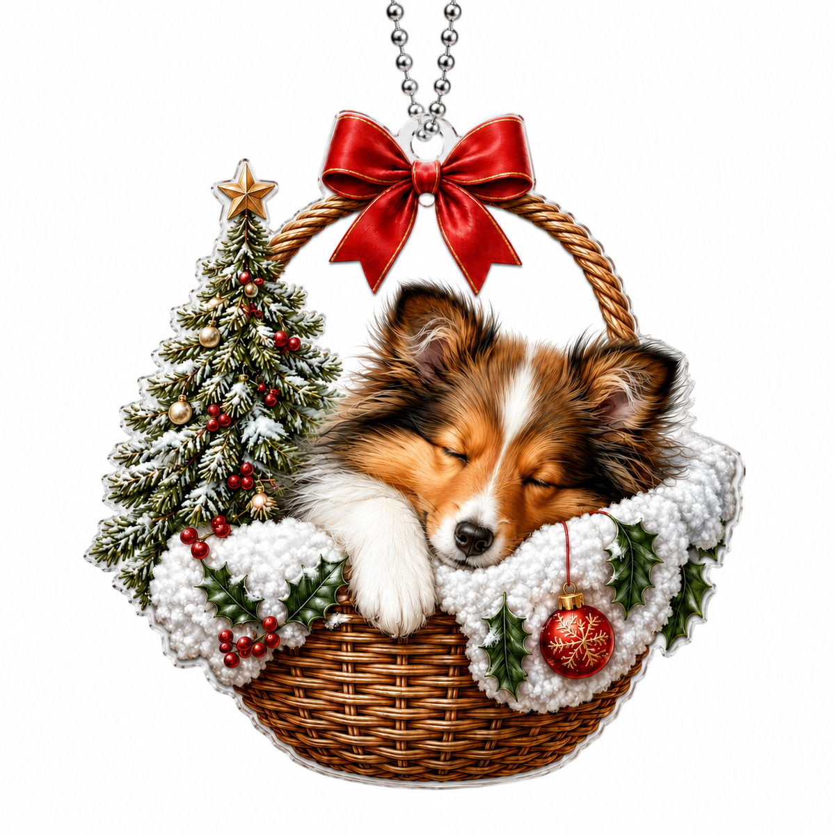 Dog Chrismast With Wicker Basket Sheepdog