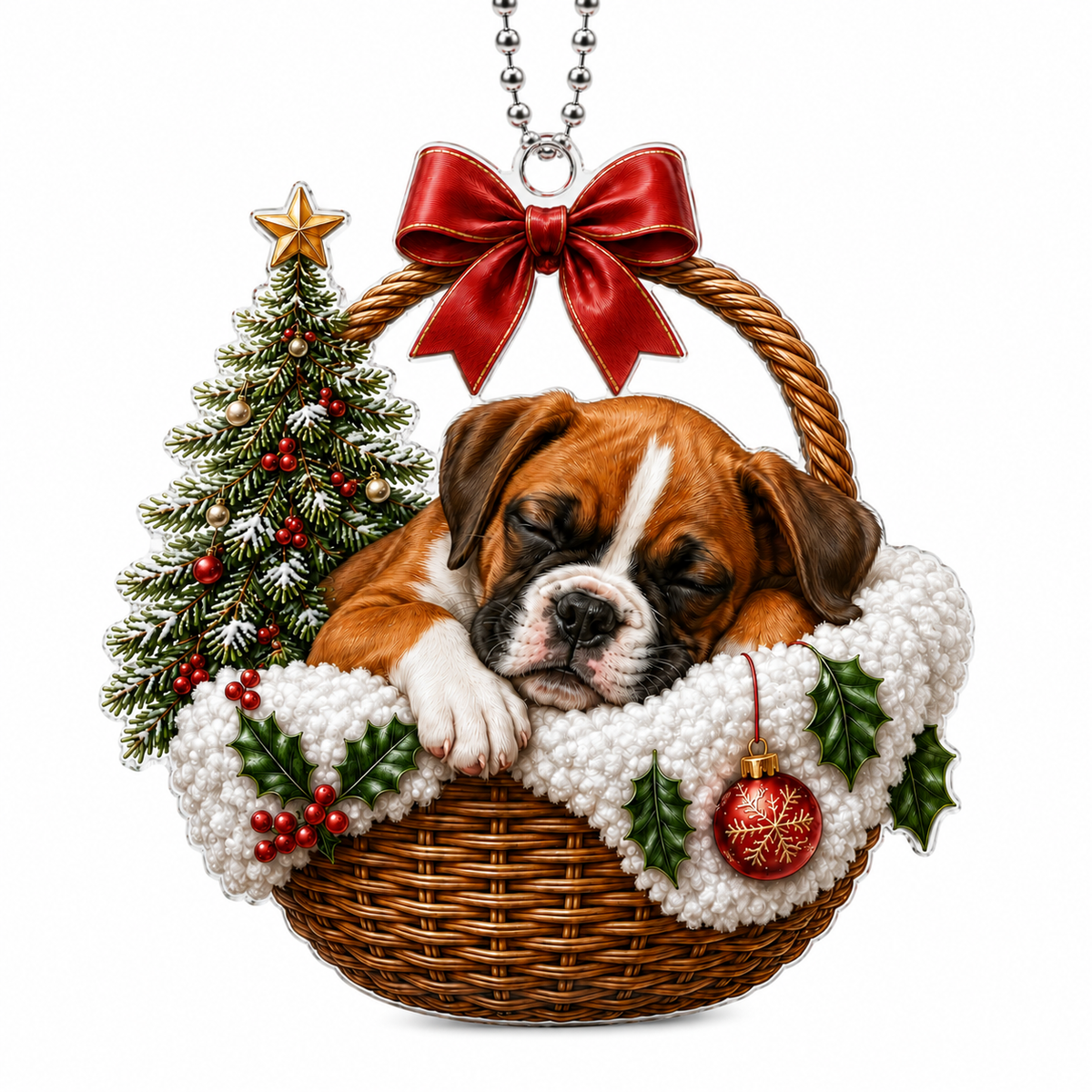 Dog Chrismast With Wicker Basket Boxer