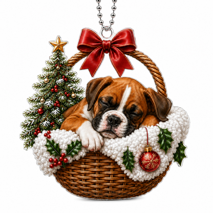 Dog Chrismast With Wicker Basket Boxer