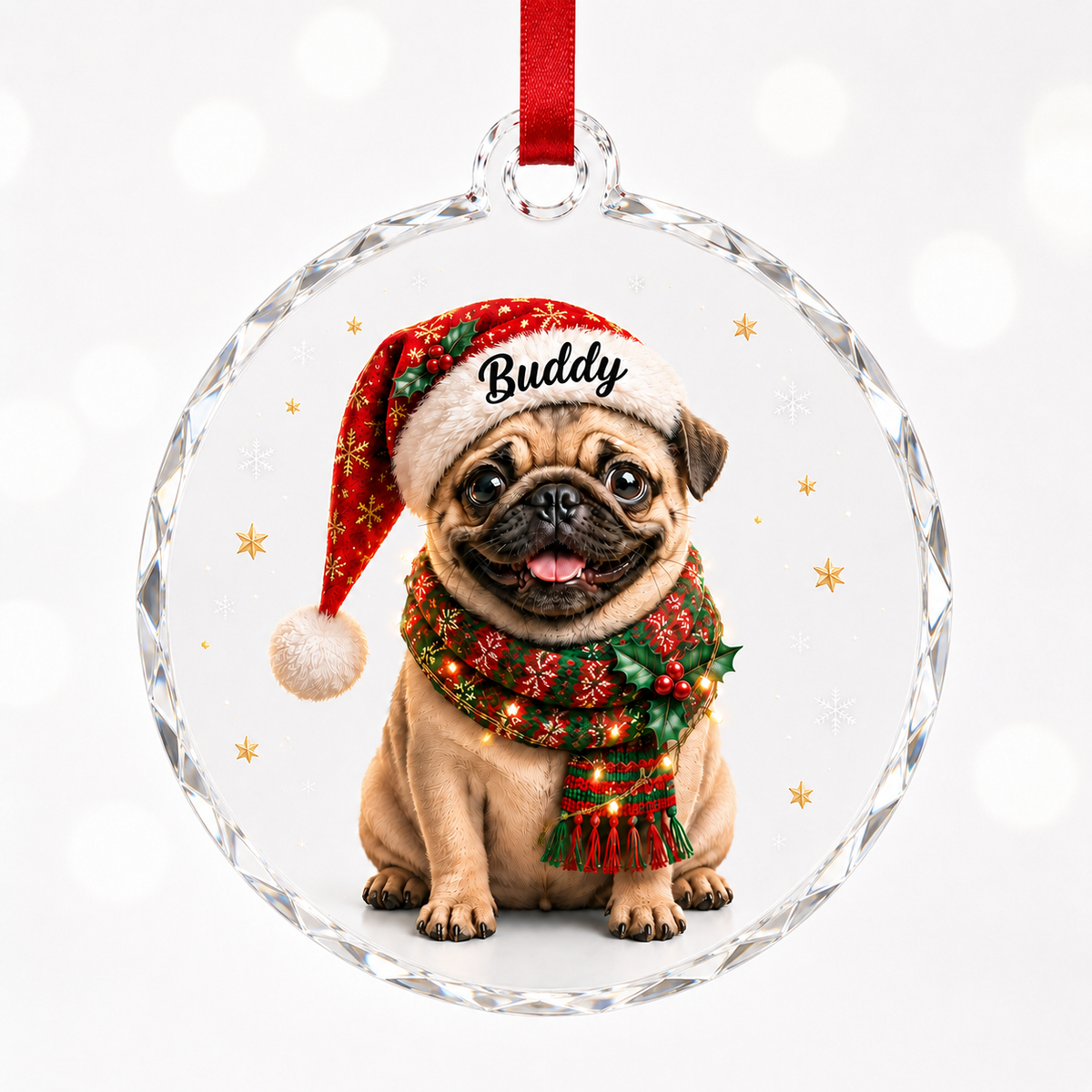Custom Photo Dog Glass Potrait Dog With Santa Hat