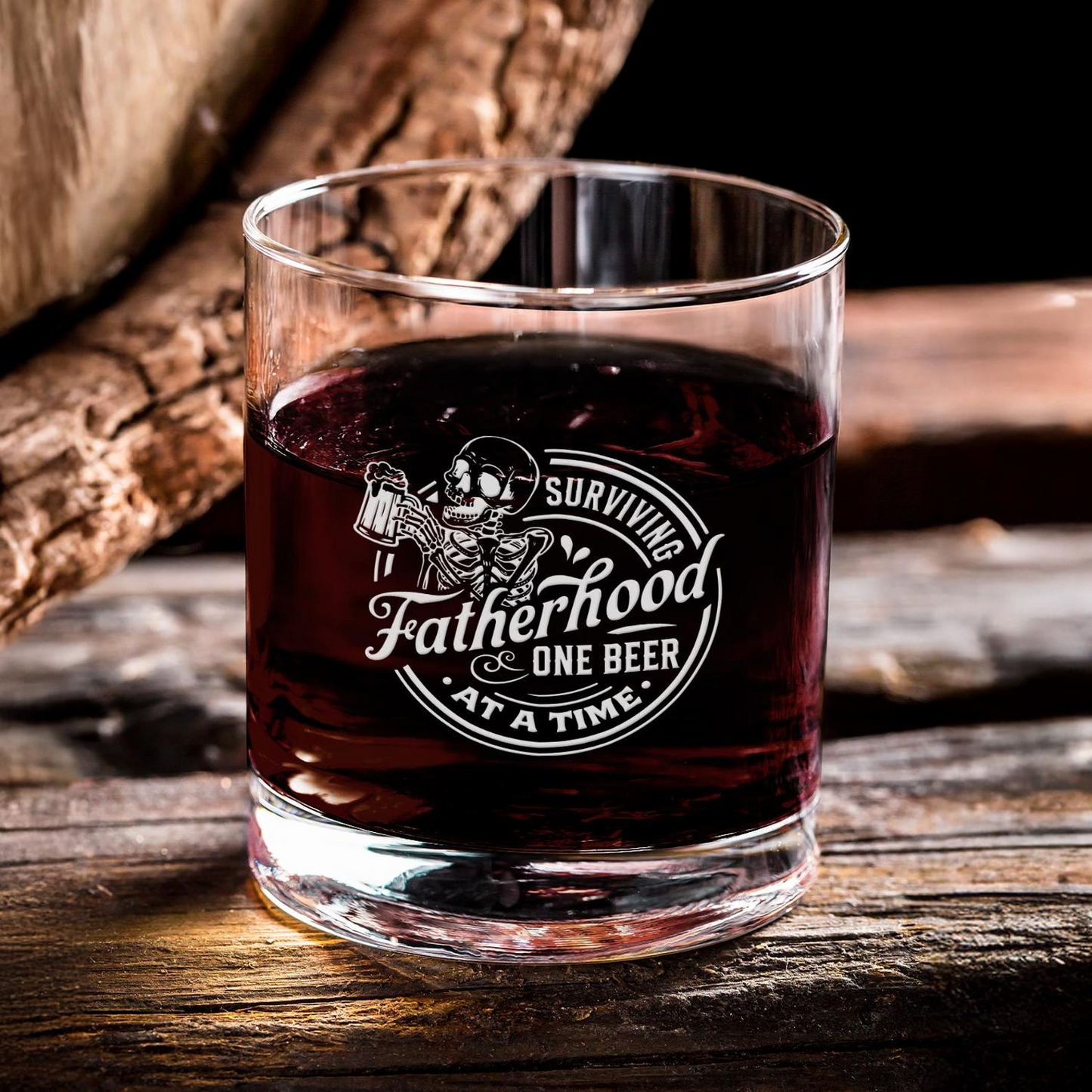 Funny Surviving Fatherhood One Beer At A Time Drink Engraved Whiskey Glass | Gifts for Dad
