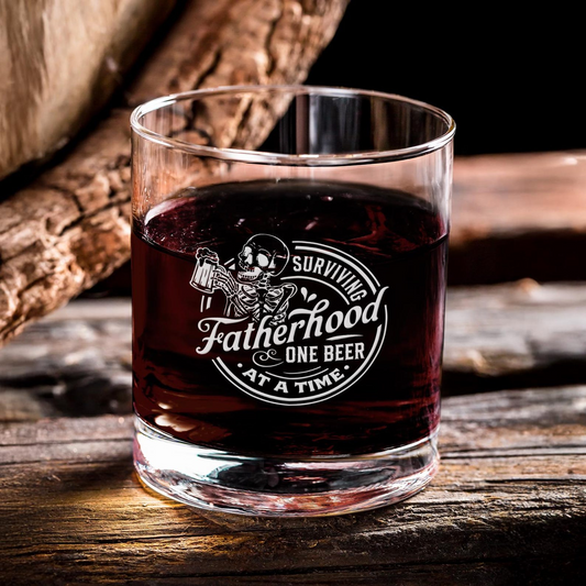 Funny Surviving Fatherhood One Beer At A Time Drink Engraved Whiskey Glass | Gifts for Dad