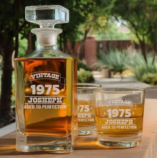 Personalized Aged to Perfection Whiskey Glass And Decanter Set | Custom Year Whiskey Glass | Engraved Gift For Friend
