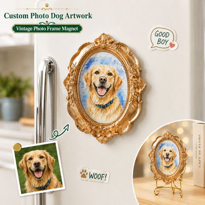 Custom Dog Vintage Photo Frame Magnet, Personalized Pet Portrait Fridge Magnet, Dog Lover Gift THUC99
