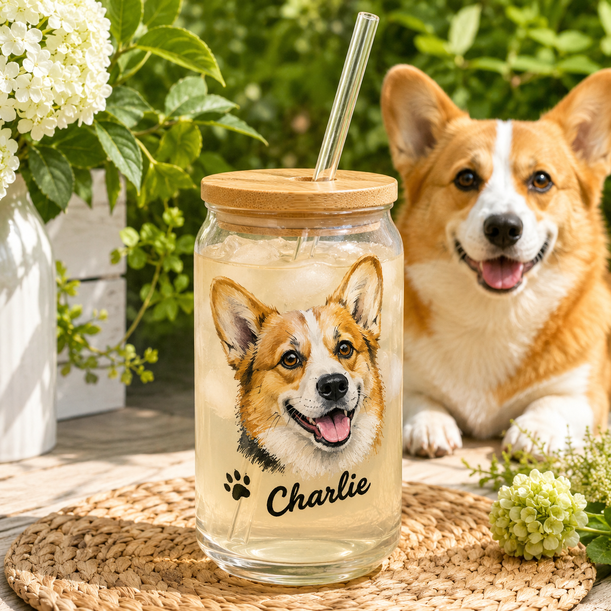 Custom Puppy Portrait Glass Cup 16oz – Personalized Tumbler with Bamboo Lid THUC99