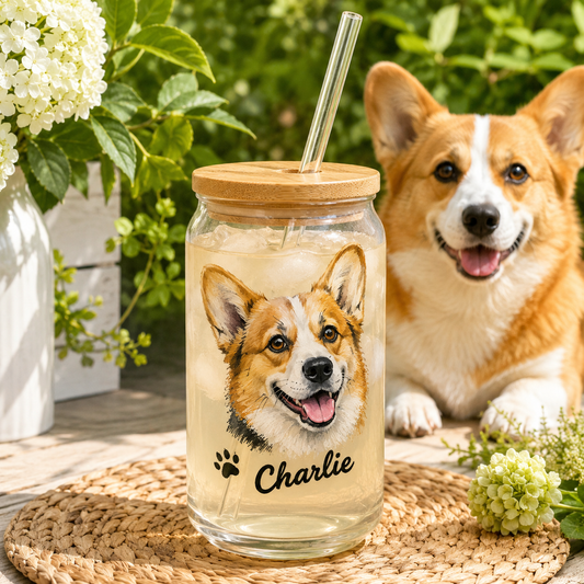 Custom Puppy Portrait Glass Cup 16oz – Personalized Tumbler with Bamboo Lid THUC99