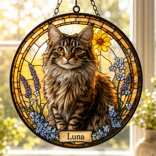 Custom Photo Cat Stained Glass Suncatcher – Personalized Pet Portrait Gift | Cat Window Decor THUC99