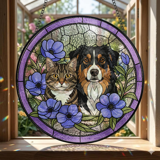 Custom Dog & Cat Stained Glass Suncatcher – Personalized Pet Portrait Window Hanging THUC99
