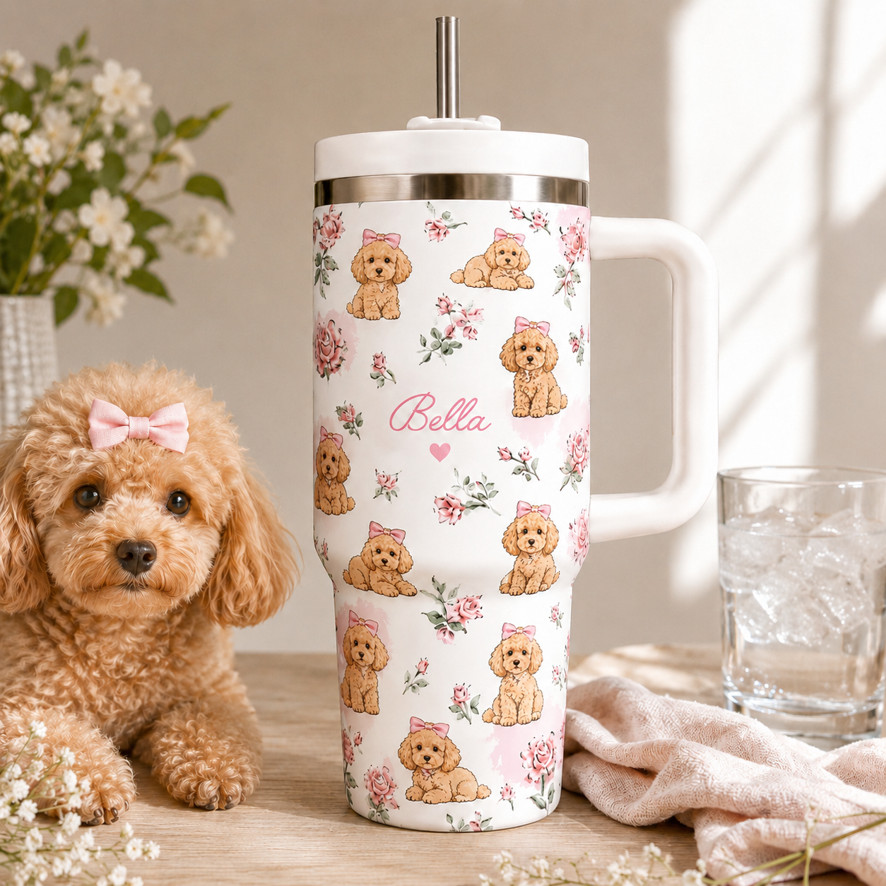 Personalized Pet Portrait 40oz Tumbler – Custom Dog Photo Travel Mug with Handle and Lid THUC99
