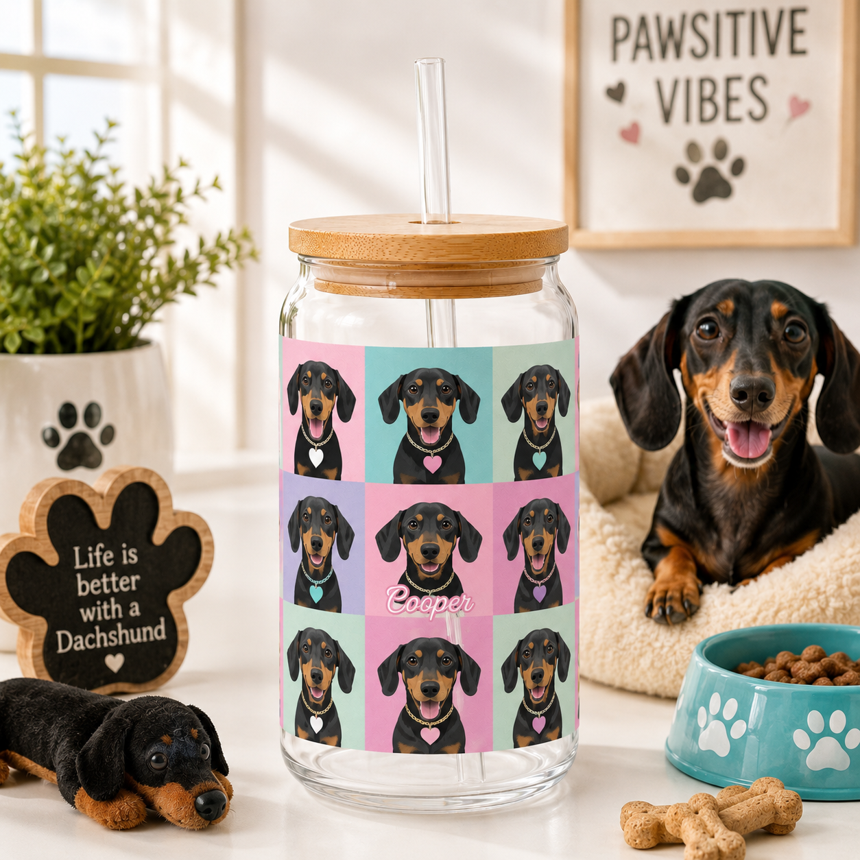 Custom Dog Photo Sipper Glass 16oz – Personalized Glass Tumbler with Bamboo Lid & Straw THUC99