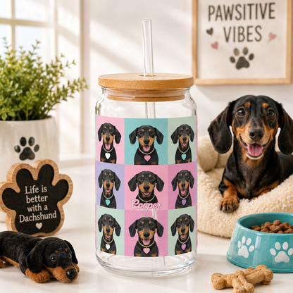 Custom Dog Photo Sipper Glass 16oz – Personalized Glass Tumbler with Bamboo Lid & Straw THUC99