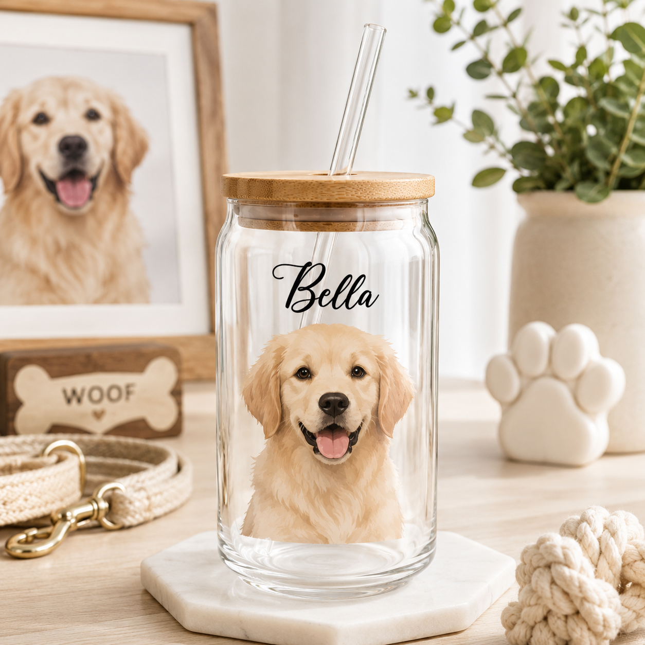 Custom Pet Portrait Sipper Glass – 16oz Personalized Cup with Bamboo Lid and Straw THUC99