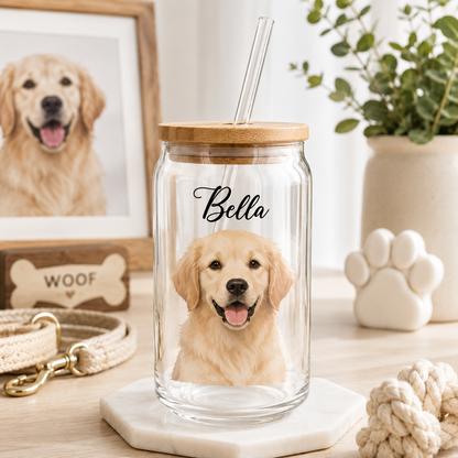 Custom Pet Portrait Sipper Glass – 16oz Personalized Cup with Bamboo Lid and Straw THUC99