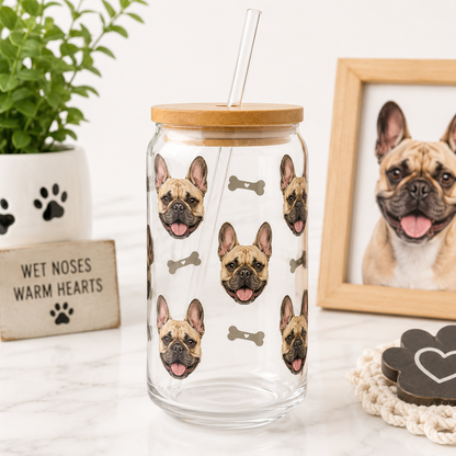Custom Dog Photo Sipper Glass 16oz – Personalized Glass Tumbler with Bamboo Lid & Straw THUC99