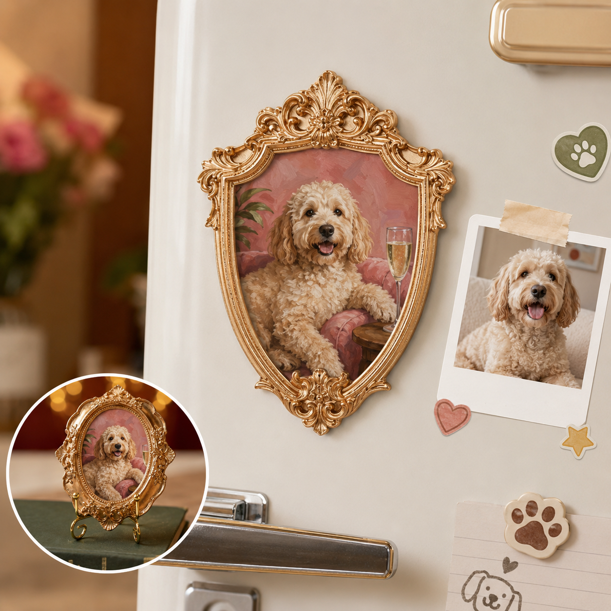 Custom Dog Drinking On Sofa Magnet, Personalized Pet Photo Vintage Frame, Dog Lover Gift THUC99