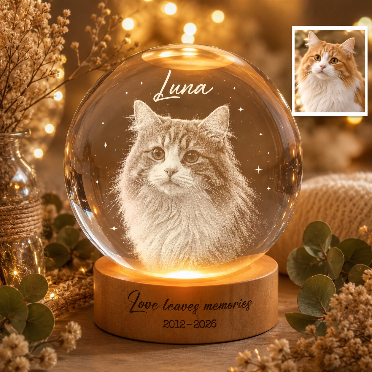 Custom Dog Photo Ball Lamp, Personalized Pet Crystal Night Light, Memorial Pet Gift THUC99