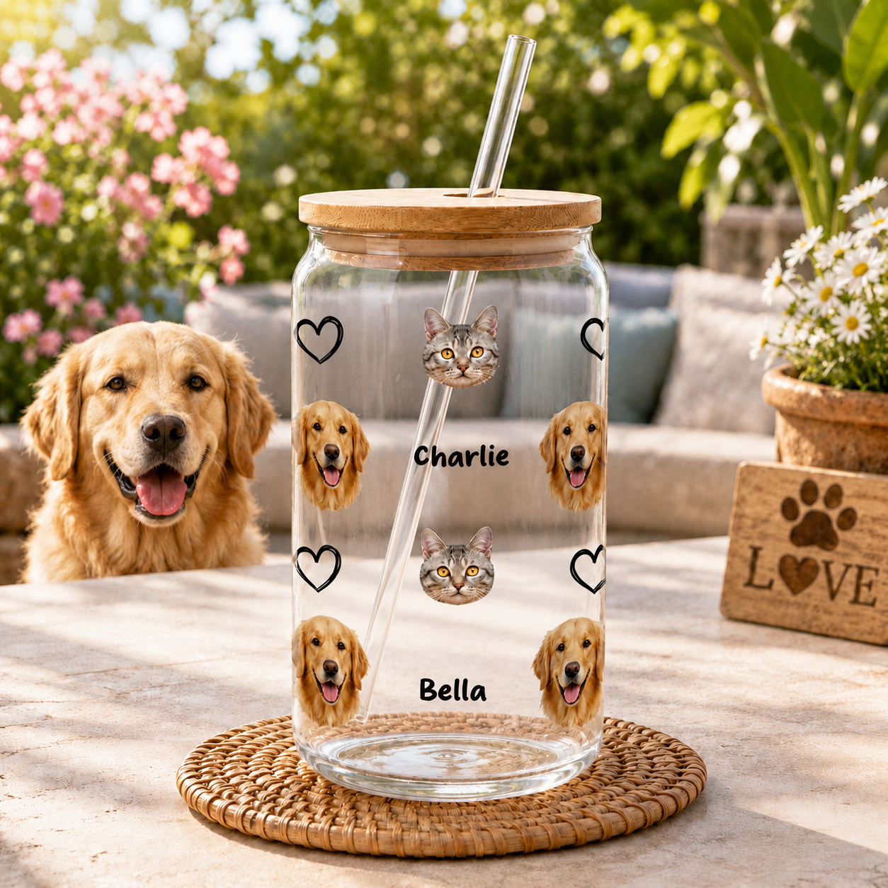 Custom Photo Dog Sipper Glass 16oz – Personalized Glass Cup with Bamboo Lid & Straw Gift For Dog Lover THUC99