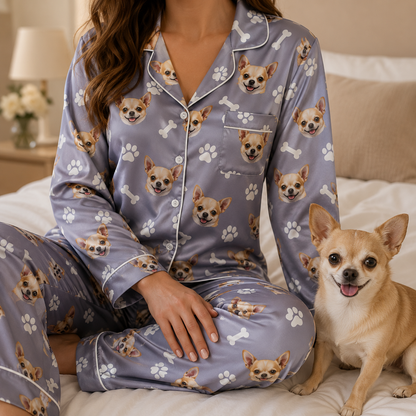 Personalized Dog Portrait Satin Pajamas Set Custom Sleepwear for Women THUC99