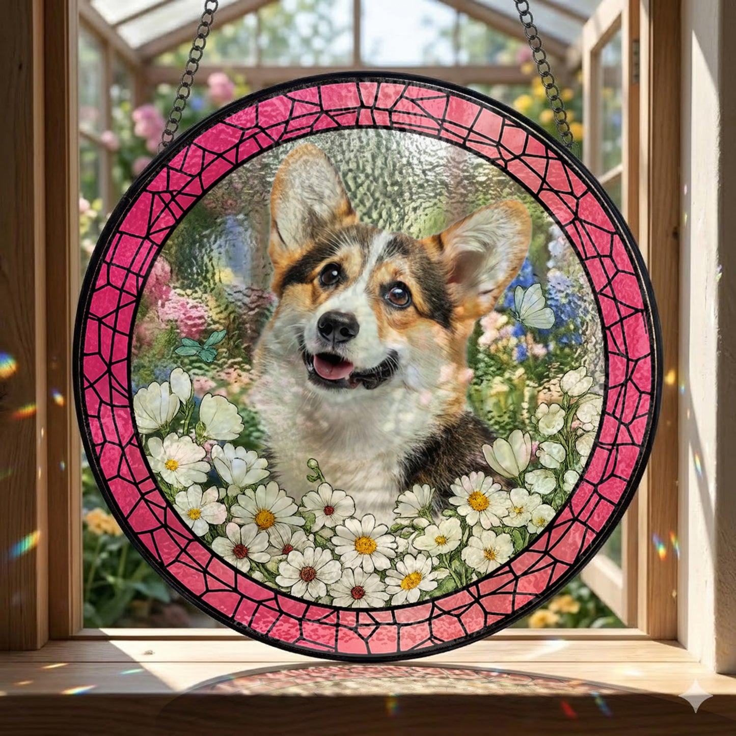 Custom Pet Photo Stained Glass Suncatcher – Personalized Dog Portrait Window Hanging (THUC99)