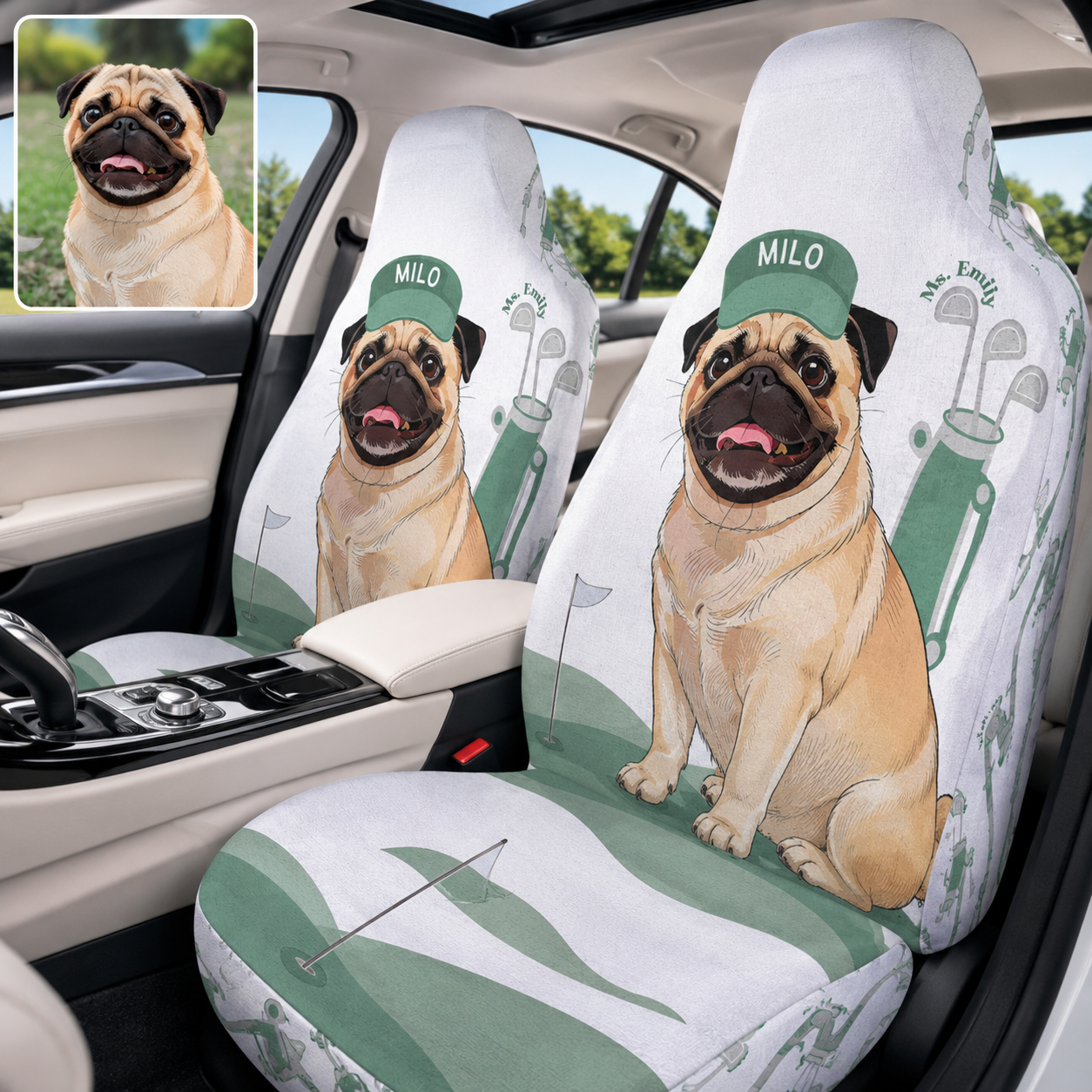 Personalized Golf Pet Portrait Car Seat Cover, Custom Dog Face Seat Protector, Dog Dad Gift THUC99