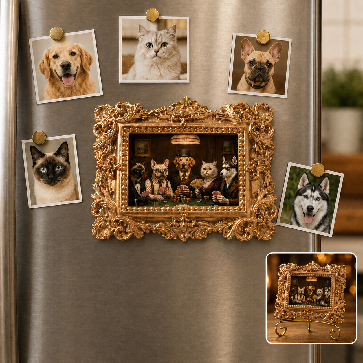 Custom Dog Vintage Photo Frame Magnet, Personalized Pet Portrait Fridge Magnet, Gold Frame Dog Artwork Magnet THUC99