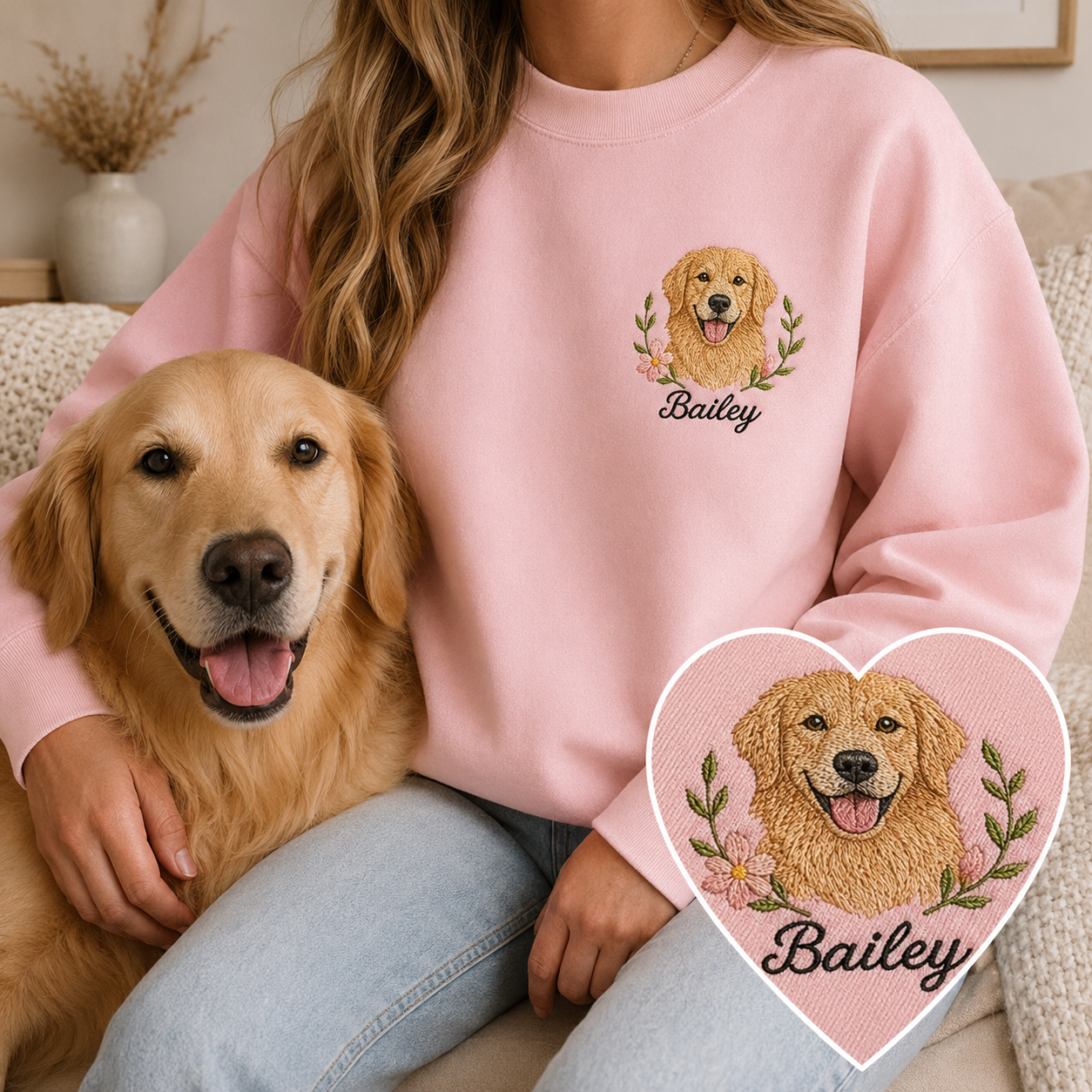 Custom Photo Dog Sweatshirt, Embroidered Pet Portrait Crewneck THUC99