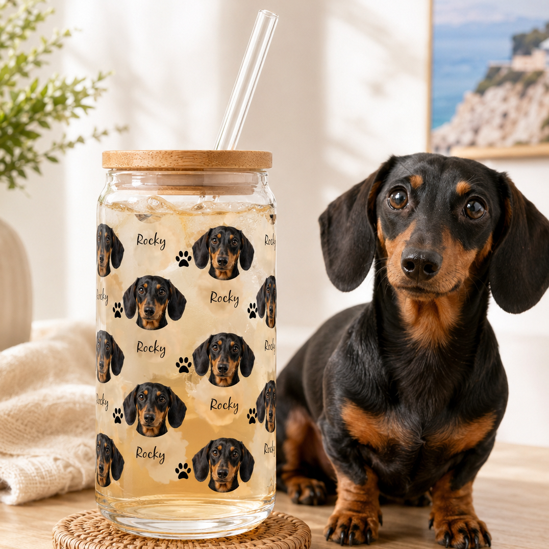 Custom Dog Photo Sipper Glass 16oz – Personalized Glass Tumbler with Bamboo Lid & Straw THUC99